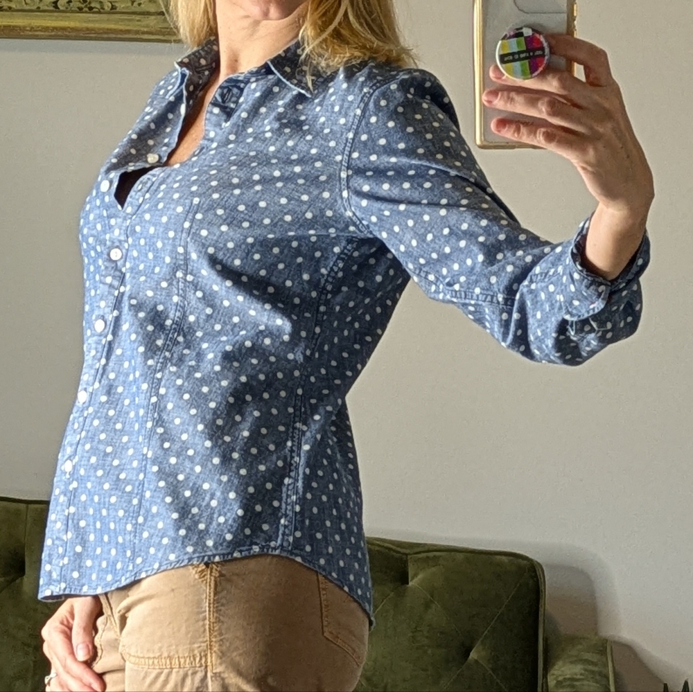 Talbots Denim White Polka Dot Button Down Shirt Preppy Fall On Trend Size 6